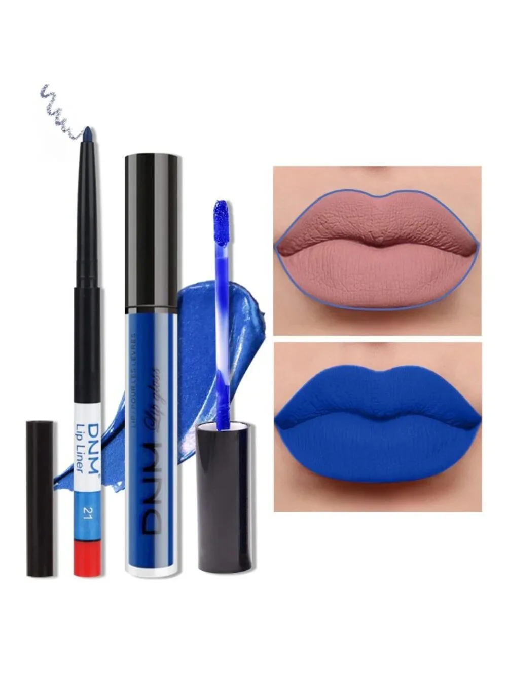 DNM 21# Blue 2Pcs 24H Long-Lasting Matte Liquid Lipstick and Lip Liner Set